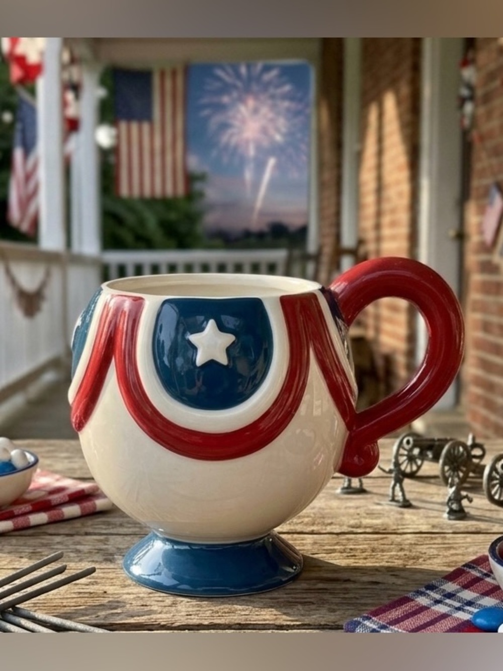 Johanna Parker Carnival Cottage Patriotic Mug Red White Blue Americana Pedestal